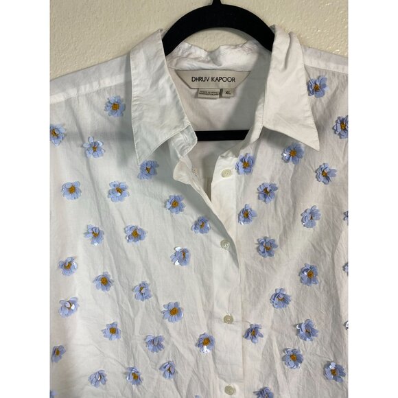 Dhruv Kapoor Anthropologie Button Up Top Women size XL White Blue 3D flower Boho - Picture 11 of 16